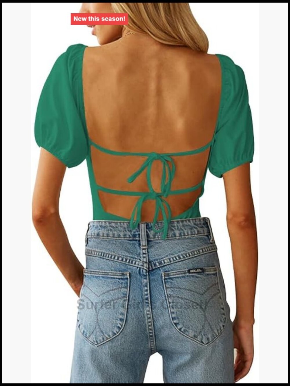 Women's Backless Puff Sleeve Square Neck Tie Back Bodysuit Jumpsuit Romper